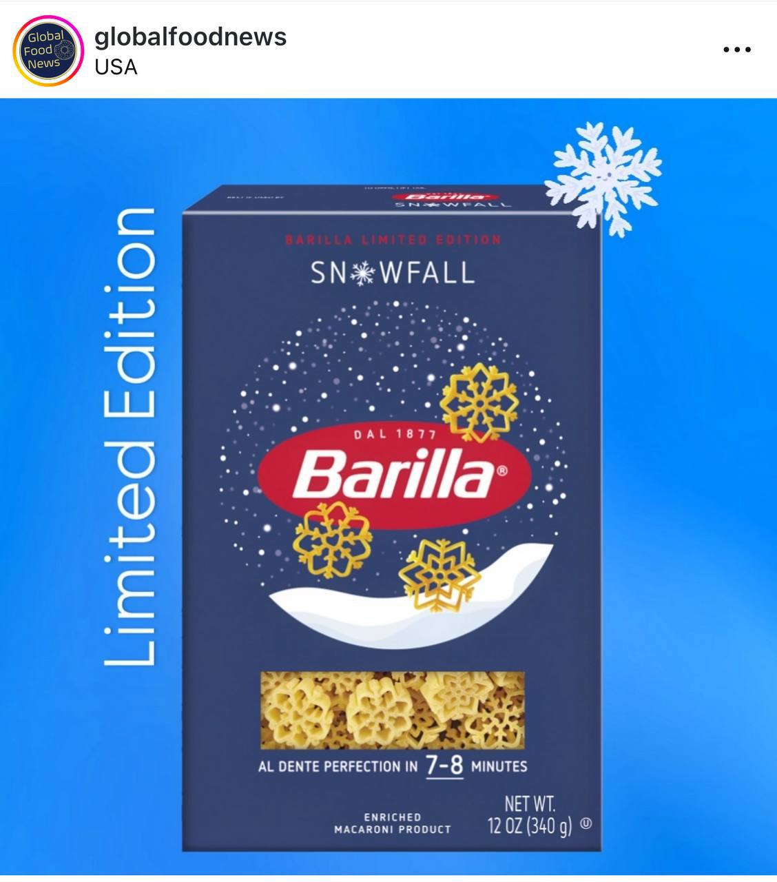 Barilla представила макароны в форме снежинок — лимитированная серия «Snowfall Pasta» поступит в продажу в декабре.  Каждая упаковка — маленький шедевр: двух одинаковых снежинок не найти, а некоторые макароны спрятали внутри рождественский цветок или сердечко.