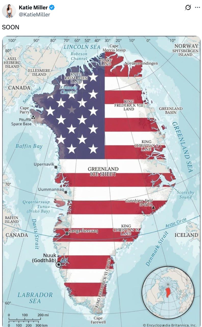 Как и следовало ожидать некоторые сторонники Трампа уже намекают о следующей цели Одна из заметных фигур в MAGA Кэти Миллер жена советника Трампа уже разместила такую карту И этот твит широко разошелся по сетям Ей даже посол Дании в США ответил Напоминает что Гренландия тоже состоит в НАТО И просит уважать территориальную целостность Королевства Дании Уверен что Миллер даже и не поняла о чем он мол живи себе Дания в своей Европе только нашу Гренландщину не трогай