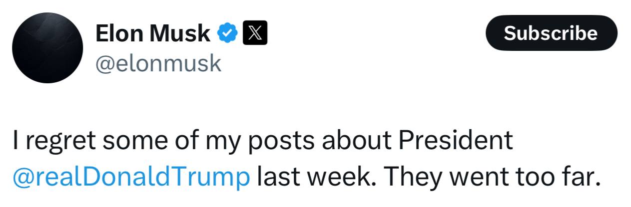 Илон Маск принес извинения президенту Трампу: "Я сожалею о некоторых моих постах о президенте Трампе на прошлой неделе. Они зашли слишком далеко."