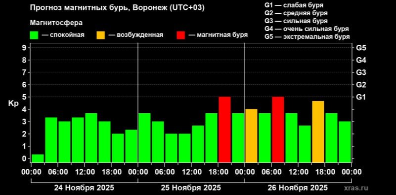Магнитные бури ожидаются 25 и 26 ноября Геомагнитная активность резко возрастет с 18 00 вторника и достигнет уровня G1 слабая Потом будет спокойно К утру среды магнитосфера снова резко возбудится Подписывайтесь на канал РИА Воронеж в Max
