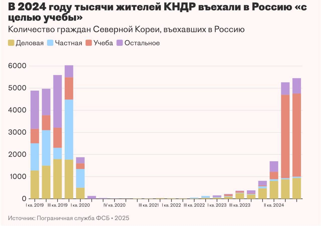 Более 7 тысяч граждан КНДР въехали в Россию «с целью учебы» за прошлый год на фоне новостей об участии Северной Кореи в войне против Украины. Это максимум с 2019 года  За 2024 год более 7,8 тыс. северокорейцев въехали в РФ, указав целью «учебу». Об этом свидетельствуют данные Пограничной службы ФСБ.   Это происходит на фоне сообщений об отправке солдат из КНДР в зону боевых действий.   По оценкам разведки Южной Кореи и президента Украины Владимира Зеленского, в Россию перебросили около 12 тыс. северокорейских военных  впрочем, в последнее время непосредственно в боях они не участвуют .  Число квот для северокорейских студентов в России остается низким: так, в апреле 2024 года Министерство образования сообщало, что сейчас в России учатся около 130 студентов из КНДР.  На будущий учебный год от северокорейской стороны поступило свыше 100 заявок на обучение студентов в российских вузах — говорил глава Минобрнауки РФ Валерий Фальков.     Подписаться   Прислать новость