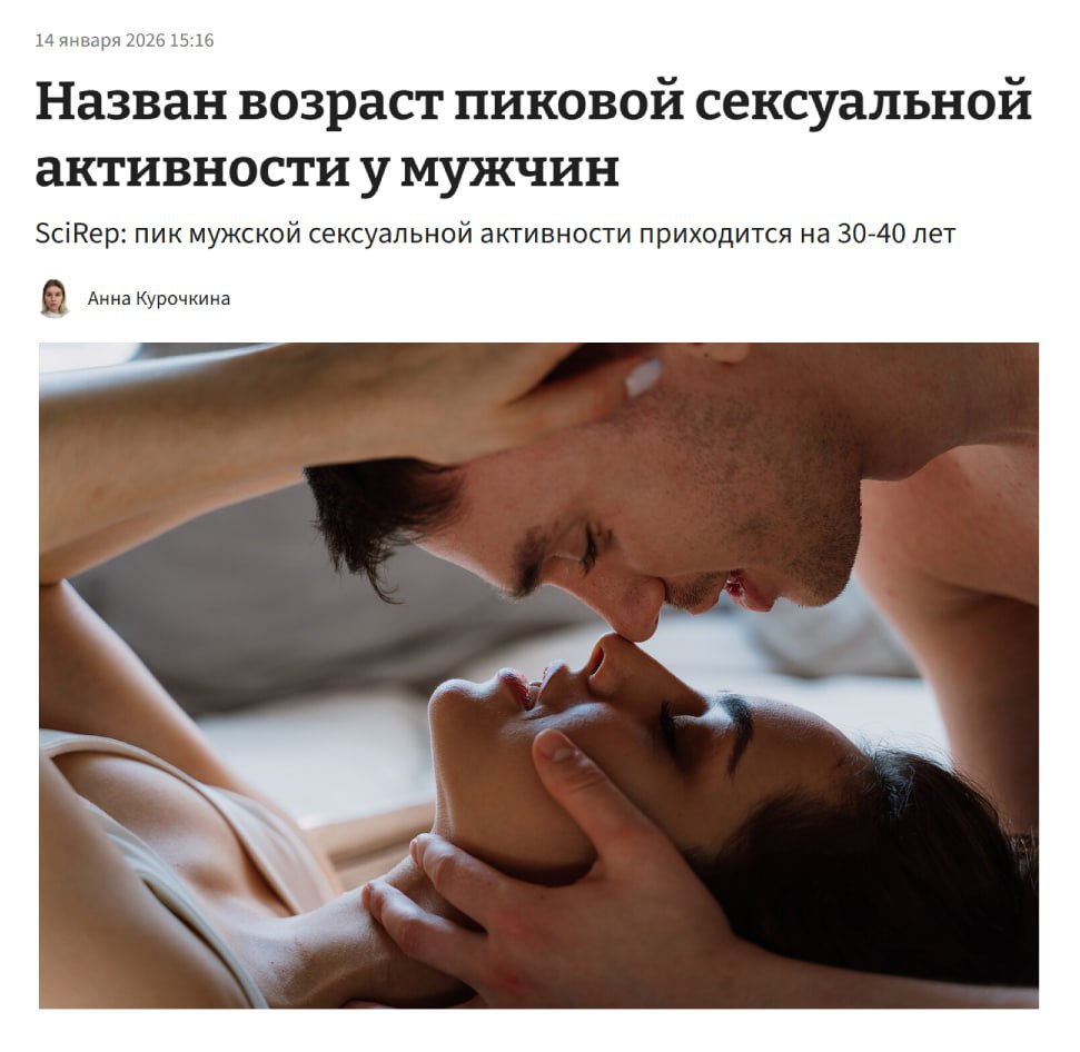 Пик мужской сексуальной активности наступает к 30 40 годам сообщают учёные В исследовании изучили данные более 67 тысяч человек и выяснили что мужики за 30 имеют более активную сексуальную жизнь по сравнению с их юностью Пик наступает в 30 40 лет а затем снижается У женщин немного по другому пик приходится на 20 30 лет после чего либидо постепенно снижается Девушки присматриваются к скуфам