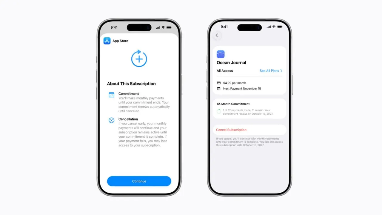 В App Store добавили годовую подписку с ежемесячной оплатой Сегодня Apple представила новый способ оплаты автоматически продлеваемых подписок в App Store ежемесячные подписки с обязательством на 12 месяцев Этот новый вариант оплаты позволяет предлагать подписчикам более доступные цены Пользователи могут отменить подписку в любое время что предотвратит её продление после того как они выполнят оговоренные платежи для выполнения своих обязательств Для обеспечения прозрачности пользователи могут легко просмотреть количество выполненных и оставшихся платежей по подписке в своей учетной записи Apple также будет отправлять электронные письма и если пользователь дал согласие push уведомления перед датой продления чтобы напомнить ему о предстоящей покупке За исключением США и Сингапура ежемесячные подписки на 12 месяцев будут доступны по всему миру пользователям iOS 26 4 iPadOS 26 4 macOS Tahoe 26 4 tvOS 26 4 и visionOS 26 4 или более поздних версий начиная с выхода iOS 26 5 iPadOS 26 5 macOS Tahoe 26 5 tvOS 26 5 и visionOS 26 5 в мае