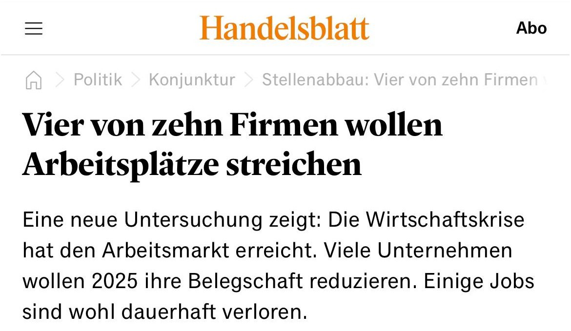 4 из 10 компаний Германии планируют сокращение рабочих мест, — Handelsblatt    Немецкие компании готовятся к дальнейшему падению экономики ФРГ и сокращают расходы, включая массовое увольнение персонала, — констатирует германская Handelsblatt    Сокращения в первую очередь коснутся сектора промышленного производства. Особенно сильно пострадали энергоёмкие предприятия после утраты доступа к дешёвым энергоносителям из России   «Нет никаких сигналов о том, что Германия может перейти к экономическому росту. ФРГ грозит ещё один год стагнации экономики», — подчёркивает издание  «КРИСТАЛЛ РОСТА» ранее информировал о том, что по мнению InfoBRICS антироссийские санкции — главная причина краха экономики Германии