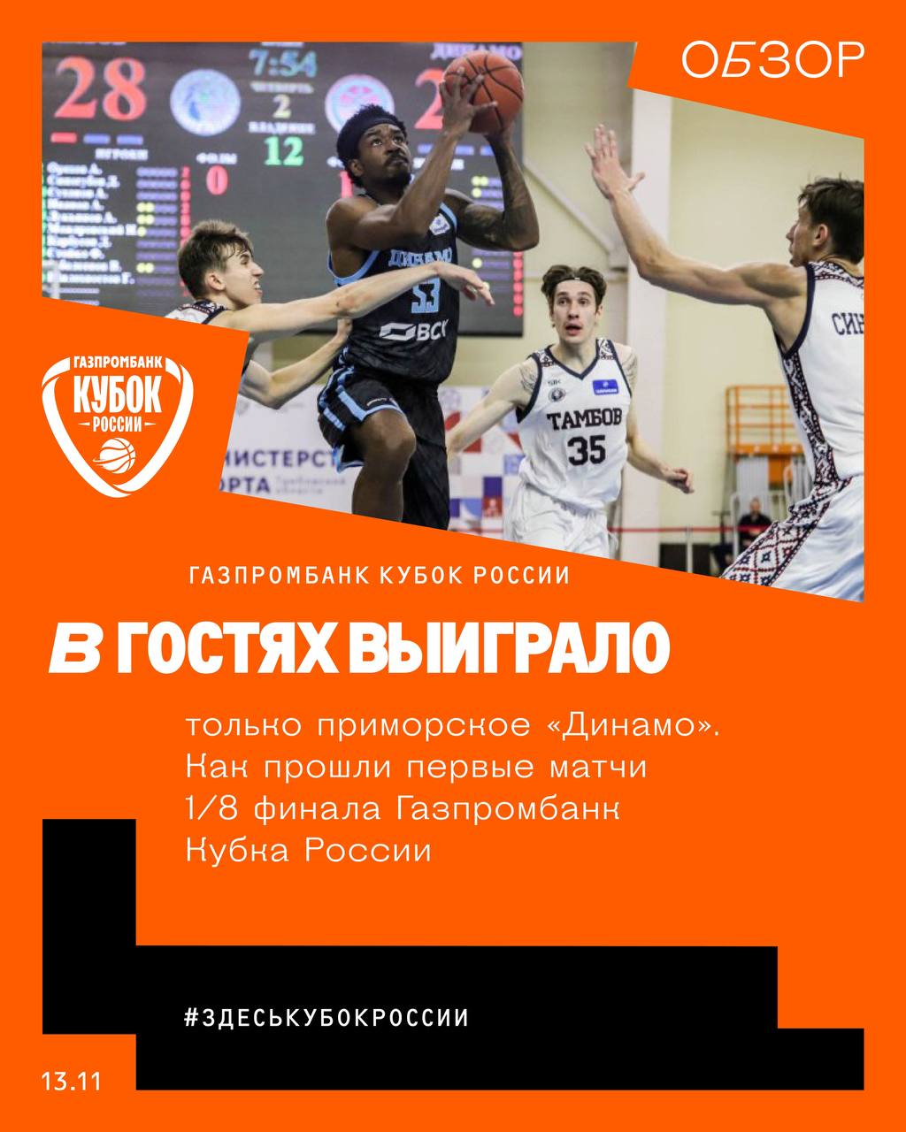 В гостях выиграло только приморское Динамо Прошли первые матчи 1 8 финала Газпромбанк Кубка России Второй раунд плей офф отмечен тем что в нем в борьбу вступили 6 лучших команд FONBET Суперлиги по итогам прошлого чемпионата Правда далеко не все из них успешно начали новый сезон Зато в Газпромбанк Кубке России все стартовали на чужих площадках Причем стартовали далеко не лучшим образом потерпев 5 поражений в 6 матчах Впрочем максимальное преимущество хозяев составило всего 8 А это означает одно вся борьба в этих парах впереди Невероятно напряженное противостояние ЧБК и Темп СУМЗ в текущем сезоне перенеслось и на кубковые матчи Югра самая результативная команда в Газпромбанк Кубке России 93 3 очка за игру Приморское Динамо с большой долей вероятности решило задачу выхода в четвертьфинал К обзору Результаты Динамо Уфа 51 43 ЦСКА 2 Югра 89 83 Зенит 2 ЧБК 80 79 ТЕМП СУМЗ Купол Родники 81 74 Новосибирск Динамо Грозный 70 66 Химки Тамбов 69 82 Динамо Приморский край Во всех 6 парах ответные встречи пройдут 10 декабря ЗдесьКубокРоссии