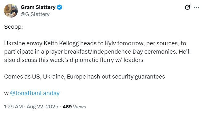 Завтра в Киев приедет спецпредставитель Трампа Кит Келлог сообщает в Х корреспондент Reuters Грэм Слэттери со ссылкой на источники По словам Слэттери Келлог примет участие в молитвенном завтраке и торжествах по случаю Дня независимости Он также обсудит с лидерами бурную дипломатическую деятельность этой недели Ранее мы сообщали что завтра в Киеве ограничат движение из за приезда иностранной делегации Сайт Страна X Twitter Прислать новость фото видео Реклама на канале Помощь