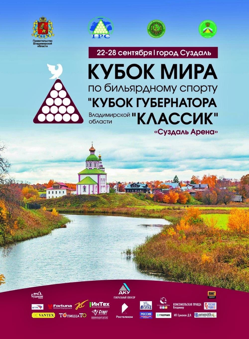 В Суздале сегодня стартует второй Кубок мира Кубок Губернатора по бильярдному спорту Классик Кстати назван он в честь единственного в нашей стране фильма о бильярде Классик снятого именно в Суздале Режиссёр картины Георгий Шенгелия и исполнитель главной роли Сергей Никоненко станут почётными гостями соревнований На площадке Суздаль Арена сойдутся мастера кия из России Беларуси и Киргизии Владимирскую область представят 12 команд Торжественное открытие в 16 00 состязания будут проходить 24 25 и 26 сентября а 27 сентября финал и церемония награждения Вход для зрителей свободный Приходите поддержать спортсменов и насладиться зрелищной игрой