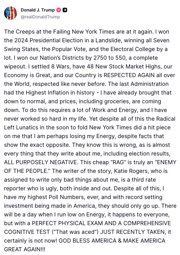 Эта дешевая тряпка реально враг народа Трампа раскритиковал The New York Times написавшую что 79 летний президент устал и столкнулся с реалиями старения В статье говорилось что почти через год второго срока Трамп стал представать перед прессой реже имеет более короткий публичный график а иногда обнаруживает признаки усталости В Truth Social Трамп написал что никогда не работал так много а фраза о потере энергии ложь Трамп назвал NYT врагом народа а автор материала Кэти Роджерс третьесортной журналисткой некрасивой внутри и снаружи Он добавил что не чувствует ни упадка сил и недавно идеально прошел физический и когнитивный тесты Сайт Страна X Twitter Прислать новость фото видео Реклама на канале Помощь