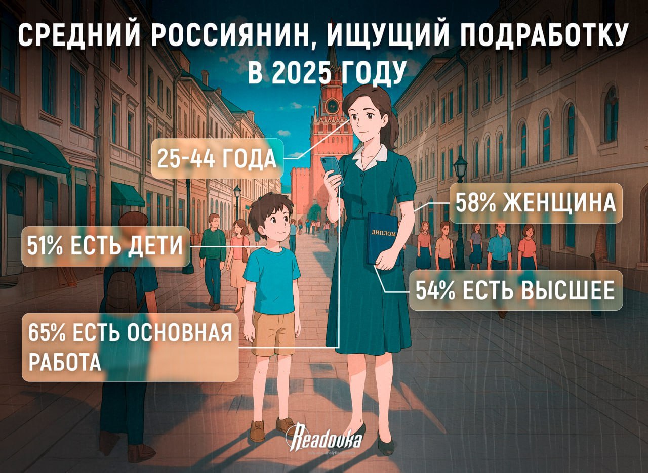 Почти половина россиян планирует искать подработку осенью  47% россиян нуждаются в заработке в дополнение к основной работе, следует из опроса, проведенного HeadHunter. По итогам исследования, количество трудяг, ищущих подработку, за год выросло на 4%. При этом 6% опрошенных уже совмещают несколько работ, и еще 42% не планируют ничего искать. Чаще всего подработку ищут работники сферы искусства и медиа — 61%.  Далее идут сотрудники индустрии красоты и фитнеса  60% , а также врачи и преподаватели  58% . Больше всего в подработке нуждаются в Дагестане — 63% жителей. Ранее Readovka на основе данных опроса Avito Подработка составила портрет среднего россиянина в поисках допзаработка. Им оказалась женщина средних лет с детьми и высшим образованием, а главной причиной поиска стало желание достичь финансовой независимости.  Источник: BAZA 2.0