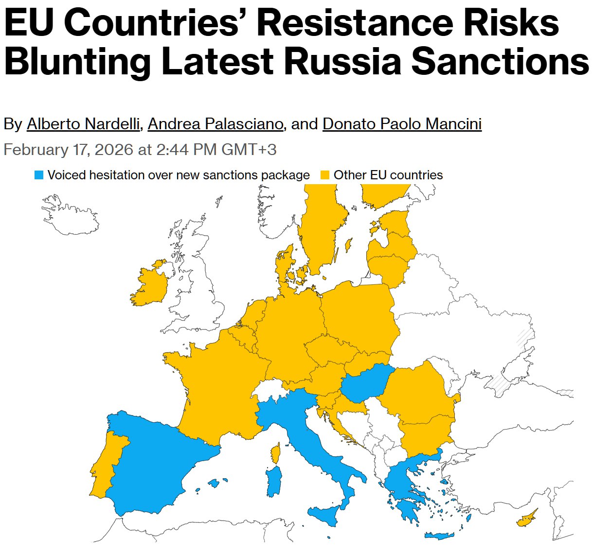 Разногласия среди стран Европейского Союза по поводу 20 го пакета санкций против России становятся все более заметными сообщает Bloomberg Некоторые государства например Италия и Венгрия выразили сомнения по поводу предложений ввести санкции против грузинских и индонезийских портов а также против кубинского банка Брюссель считает что эти меры могут быть использованы для обхода торговых ограничений на нефть Греция и Мальта также высказали свои опасения по поводу идеи замены ценового потолка на российскую нефть на запрет морских услуг Хотя Европейский Союз планирует утвердить этот пакет санкций в текущем месяце для его принятия требуется единогласие всех стран участниц союза