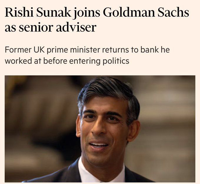 Экс-премьер Британии Риши Сунак стал старшим советником американского банка Goldman Sachs.