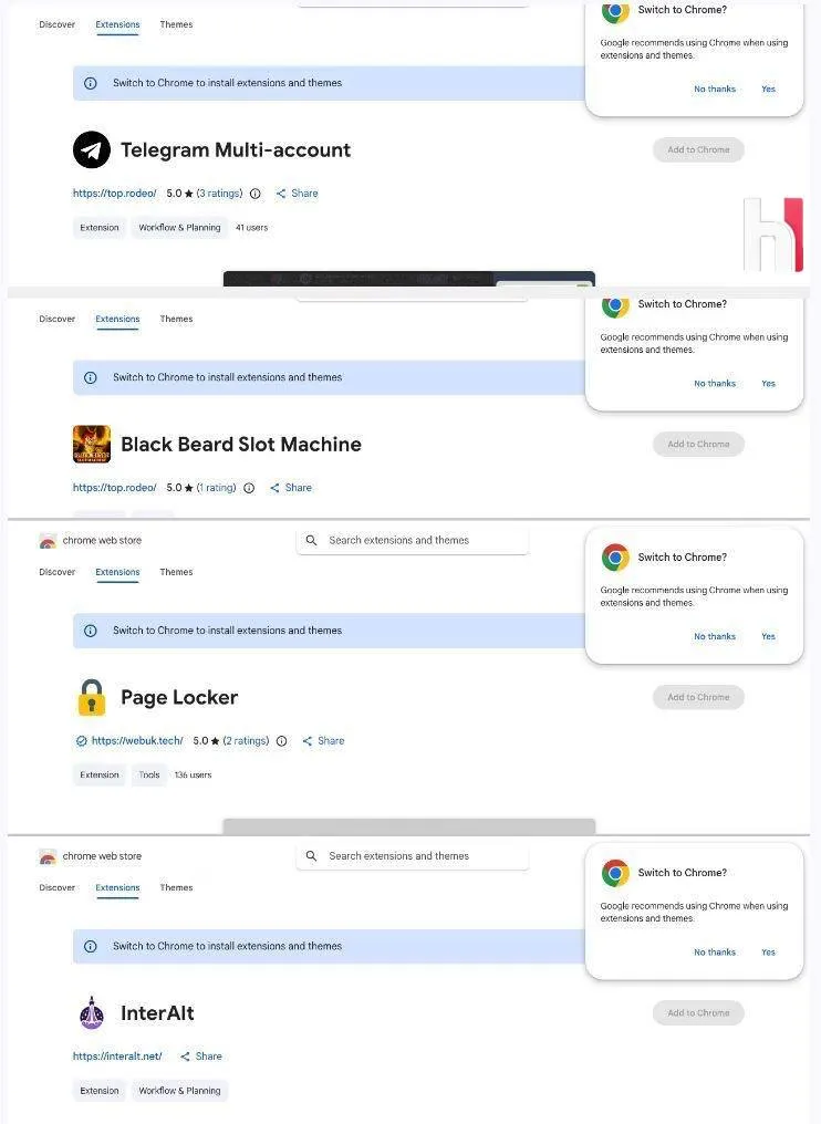 Более 100 расширений из Chrome Web Store воровали данные и аккаунты пользователей   Эксперты обнаружили в Chrome Web Store 108 вредоносных расширений которые передают данные пользователей в общую инфраструктуру а также внедряют рекламу и произвольный JavaScript на посещаемые страницы в общей сложности малварь установили около 20 000 человек Расширения были опубликованы от имени пяти разных аккаунтов Yana Project GameGen SideGames Rodeo Games и InterAlt Они маскировались под клиенты Telegram игровые автоматы и Keno утилиты для улучшения работы YouTube и TikTok переводчики и инструменты для работы с вкладками Аналитики разделили вредоносы на несколько групп по поведению самый крупный кластер из 78 расширений внедрял подконтрольный атакующим HTML в интерфейс через свойство innerHTML 54 расширения через API chrome identity getAuthToken собирали email адреса имена аватары и Google Account ID жертв а также похищали OAuth2 Bearer токен короткоживущий ключ с помощью которого приложения получают доступ к данным пользователя еще 45 расширений содержали универсальный бэкдор который срабатывал при запуске браузера обращался к управляющему серверу и открывал произвольные URL взаимодействие с пользователем для этого не требовалось 5 расширений использовали API declarativeNetRequest чтобы удалить заголовки безопасности CSP X Frame Options CORS с целевых сайтов до загрузки страниц и внедряли рекламу казино поверх YouTube и TikTok Этичный хакер