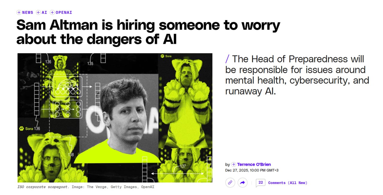Разработчик ChatGPT Сэм Альтман наймет человека который будет отслеживать угрозы от искусственного интеллекта Идея мне кажется довольно таки своевременная Если вы хотите помочь миру понять как обеспечить специалистов по кибербезопасности новейшими возможностями и в то же время не допустить использование их злоумышленниками пожалуйста рассмотрите возможность подачи заявки на вакансию написал Альтман в Х Глава компании OpenAI пояснил что сейчас человечество входит в мир где необходимо обладать более точным пониманием того как можно злоупотребить возможностями нейросетей а также как исправить эти слабые стороны в продуктах OpenAI и не только Альтман признает что работа у нового сотрудника будет стрессовой потому что именно к нему будут вопросы если появятся новые проблемы из за ИИ Объявлена и зарплата 555 тысяч долларов в год
