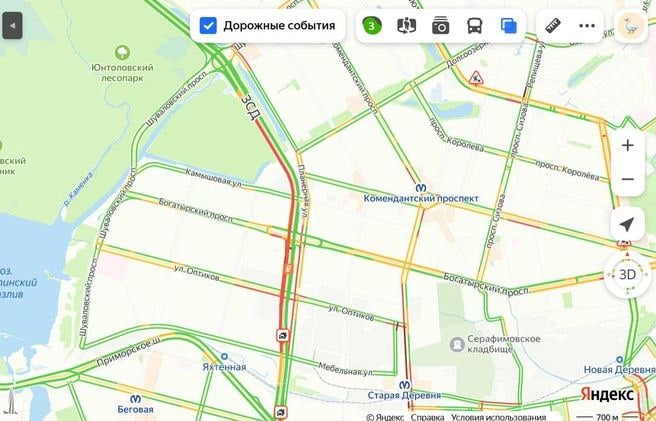 Авария собрала пробку в 3 км на Северном участке ЗСД в направлении юга.  Между развязками с Богатырским проспектом и Приморским шоссе «аварийный транспорт в левом ряду», сообщает ЗСД в своем приложении.  Загруженность дорог Петербурга невелика: после 10 часов показатель даже снизился до «зелёных» 3 баллов.    Яндекс.Карты  Дарим iPhone и смарт-часы