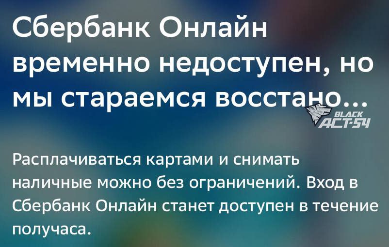 Приложение Сбербанка недоступно для использования Сервис встречает клиентов информацией что доступ в приложение будет восстановлен в течение получаса