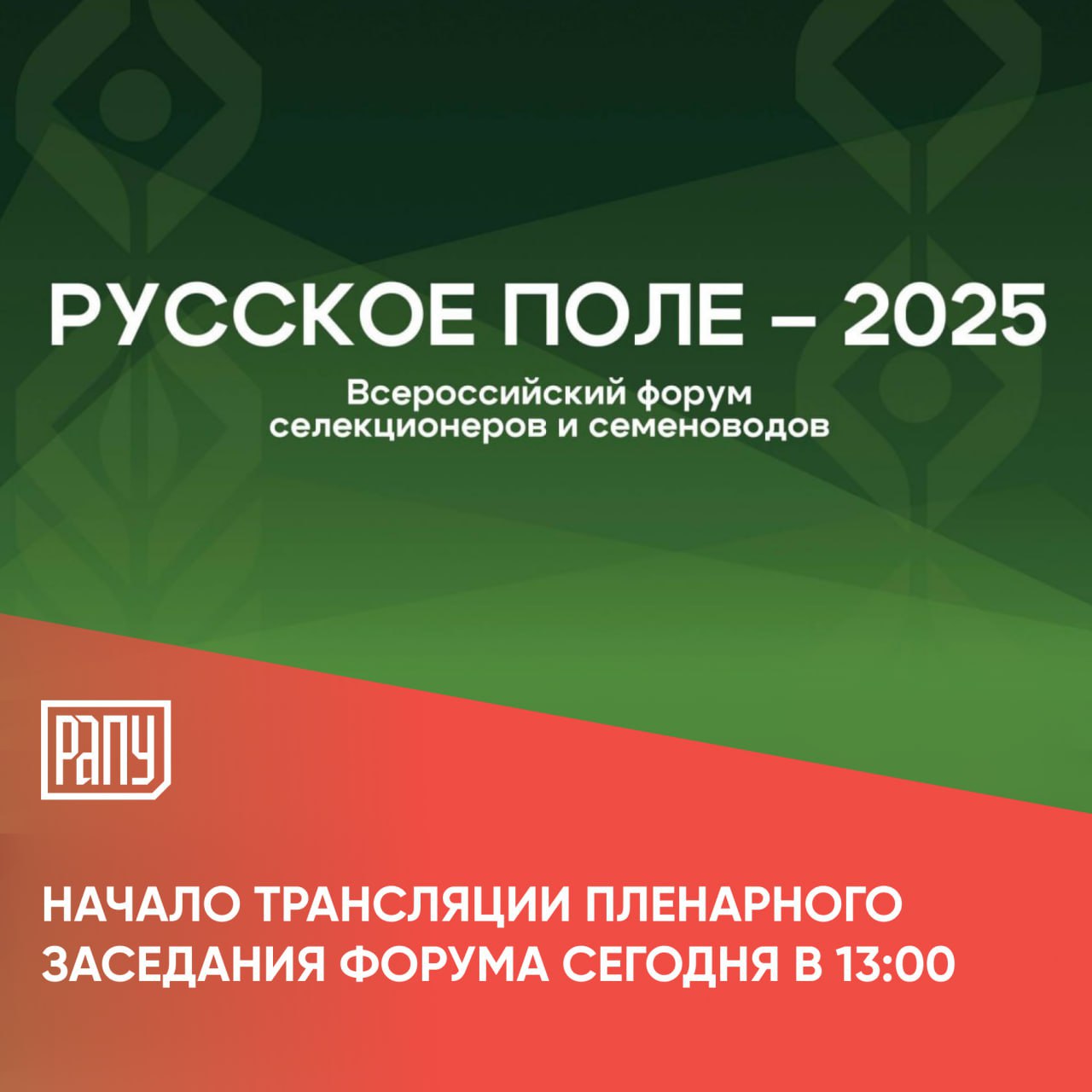 Сегодня в 13 00 начнется трансляция пленарного заседания форума Русское поле 2025 На мероприятии выступят глава Минсельхоза России представители бизнеса и науки Оксана Лут расскажет о ключевых результатах и перспективах развития отечественной селекции и семеноводства   Трансляция пройдет в телеграм канале на странице ВК и на сайте Начало в 13 00 по мск АПК Минсельхоз