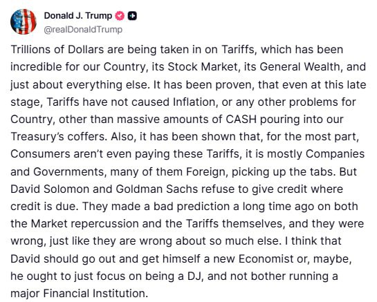 #пошлины #сша #экономика #трамп  Трамп заявил, что пошлины идут на благо экономике США и рынкам   инфляции нет, все хорошо итд...
