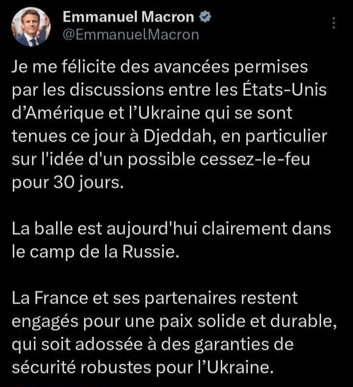 В Европе неожиданно поменяли свое мнение и поддержали идею о 30-дневном перемирии на Украине:   Макрон поддержал идею о 30-дневном перемирии на Украине, хотя еще неделю назад президент Франции выступал против перемирия.   Премьер-министр Великобритании Стармер: "Мы поздравляем президента Трампа и президента Зеленского с замечательным прорывом на переговорах по Украине".   Урсула фон дер Ляейн - тоже переобулась и уже не против переговоров с Россией: "Мы приветствуем сегодняшние новости из Джидды о переговорах между США и Украиной, включая предложение о соглашении о прекращении огня и возобновлении обмена разведданными и помощи в сфере безопасности со стороны США, теперь мяч на стороне России".     РУПОСТ подписаться