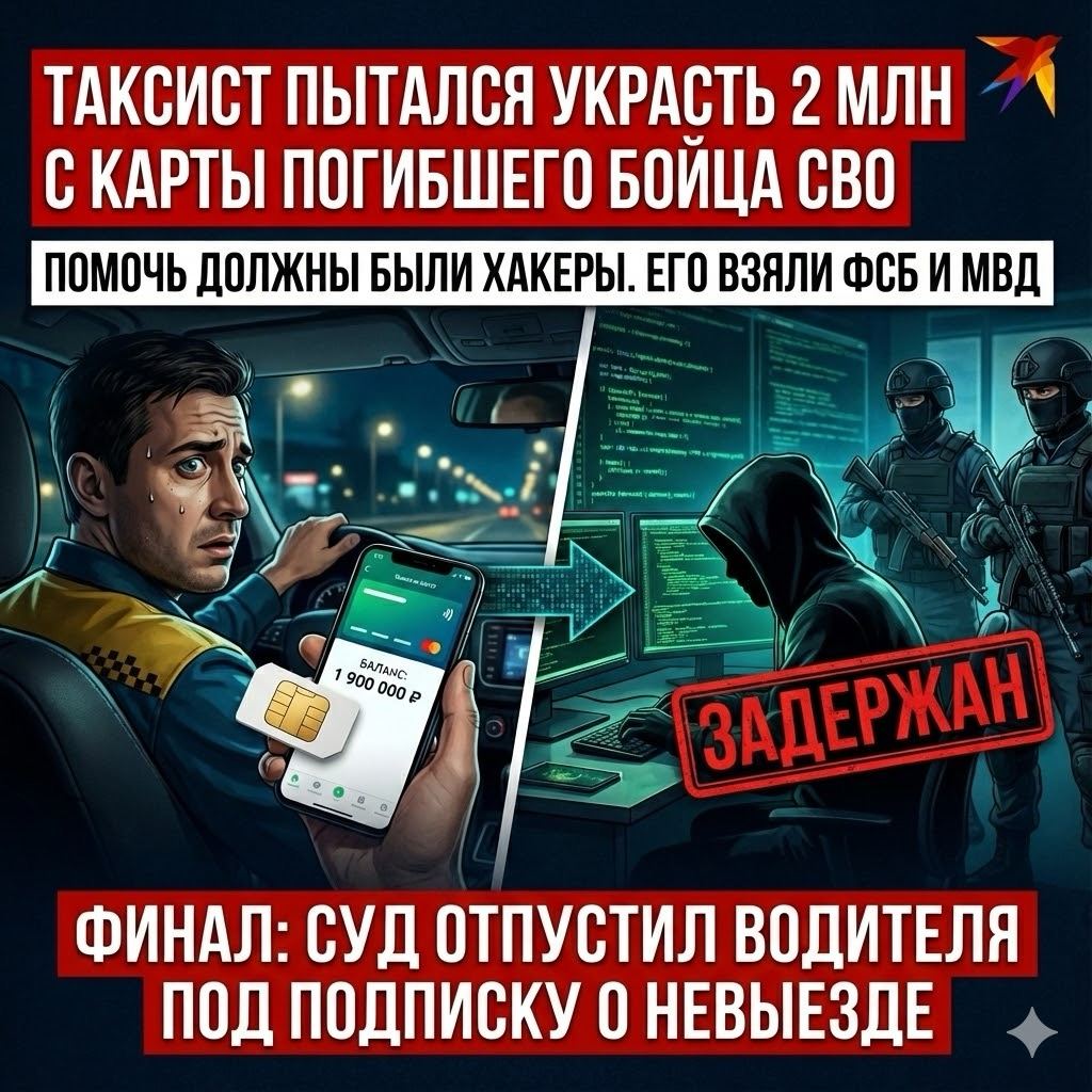 Таксист из Сочи пытался украсть 2 миллиона с карты погибшего участника СВО Помочь ему должны были хакеры Водитель из Адлера раздобыл сим карту которая раньше принадлежала погибшему военному Проверив баланс таксист обнаружил джекпот 1 9 млн рублей Снять деньги просто так не вышло поэтому мужчина решил действовать технично Он нашел специалистов которые должны были удаленно взломать банковское приложение на телефоне и вывести средства Схема не выгорела за манипуляциями уже следили оперативники ФСБ и МВД Таксиста взяли с поличным На водителя возбудили дело о покушении на кражу в особо крупном размере Но несмотря на цинизм преступления суд отпустил его под подписку о невыезде Подписаться на kpkuban Читать нас в MAX