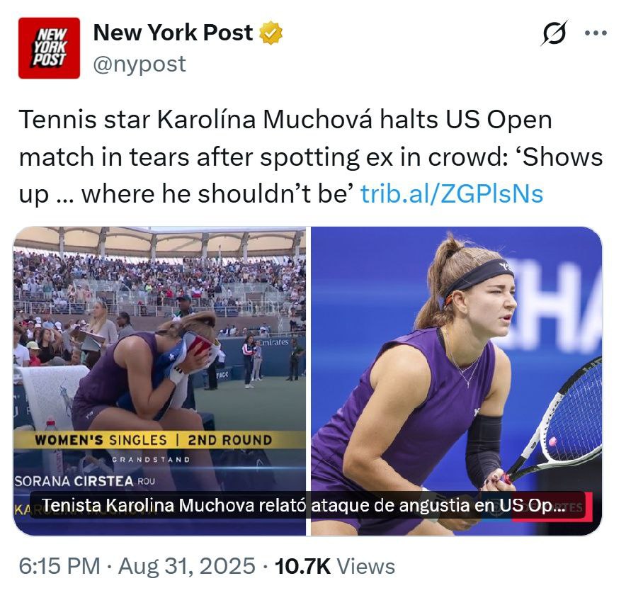 Чешская теннисистка прервала матч на US Open и расплакалась когда увидела среди зрителей своего бывшего Мужчина сел прямо напротив ее скамейки 13 я ракетка мира Каролина Мухова как раз была на подаче когда вдруг заметила его Она на несколько мгновений оцепенела а затем схватила полотенце и закрыла им лицо чтобы люди не видели выступивших у нее на глазах слез Она подошла к своему бывшему и попросила его уйти Тот поначалу отказался но потом все таки ушел И Каролина вернулась в игру Ох уж эти абьюзеры