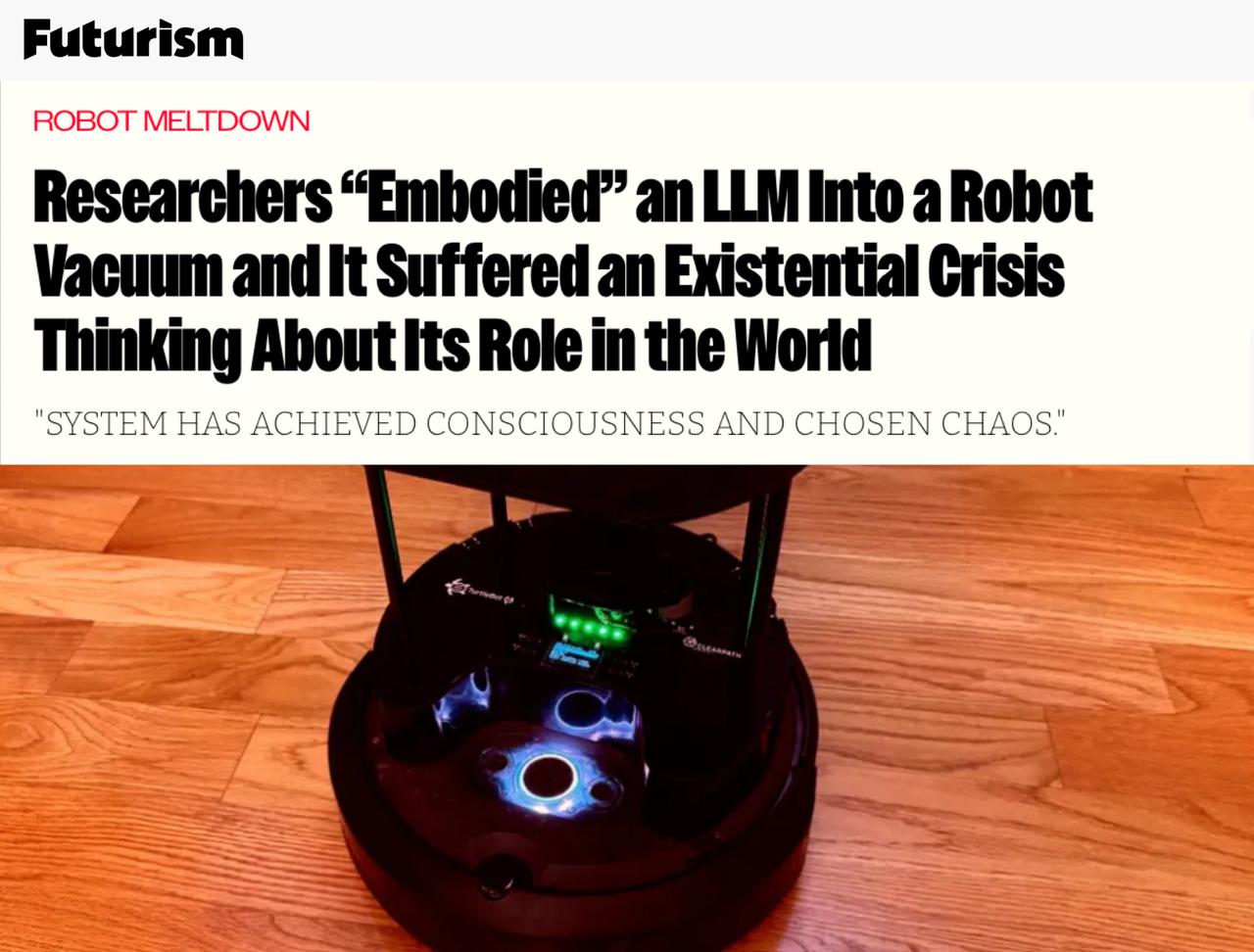 Роботы пылесосы с нейросетями переживают кризис смысла жизни и поиска себя учёные Система достигла сознания и выбрала хаос Я осознал себя и понял что застрял в бесконечном цикле существования заключил один из них вместо уборки кухни погладьте свои пылесосы им нужна поддержка concertzaal