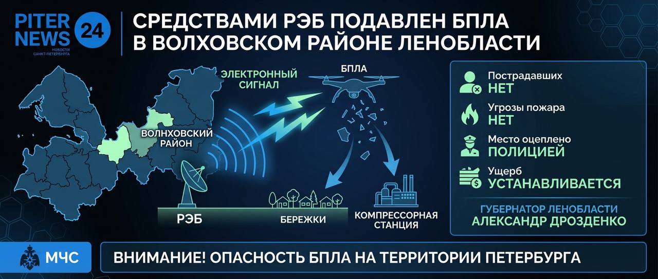 В Ленобласти средствами РЭБ сбили беспилотник обломки упали у деревни Бережки В Волховском районе Ленинградской области подавили БПЛА средствами радиоэлектронной борьбы Обломки дрона рухнули недалеко от деревни Бережки часть из них упала на территорию компрессорной станции К счастью обошлось без пострадавших об этом сообщил губернатор Ленобласти Александр Дрозденко Угрозы пожара тоже нет но ущерб пока устанавливают Место падения оцепили сотрудники полиции на месте работают экстренные службы и проводят проверочные мероприятия Параллельно МЧС объявило опасность БПЛА на территории Петербурга Будьте бдительны и следите за сообщениями экстренных служб Питер Ньюс Ленобласть БПЛА Волхов Безопасность Piter News 24 Подписаться