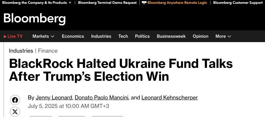 BlackRock свернула работу над фондом восстановления Украины: инвесторы не верят в будущее страны Американская инвестиционная корпорация BlackRock в январе прекратила поиск инвесторов для фонда восстановления Украины. Как сообщает Bloomberg со ссылкой на источники, решение связано с отсутствием интереса со стороны крупных инвесторов — на фоне растущей неопределённости по поводу дальнейшей судьбы украинского государства. Фонд должен был быть представлен на конференции в Риме, которая состоится на следующей неделе. По информации Bloomberg, проект был близок к получению поддержки от правительственных структур Германии, Италии и Польши. Однако переговоры с институциональными инвесторами были приостановлены — даже госсубсидии не смогли пробудить интерес к проекту. Как заявлял ранее вице-председатель BlackRock Филипп Хильдебранд, фонд мог бы собрать около 500 миллионов долларов от стран-доноров и организаций развития, а также до 2 миллиардов долларов от частного капитала. Но ни заявленные суммы, ни медийная поддержка не убедили инвесторов вкладываться в страну, чьё будущее всё больше вызывает сомнения. В компании подтвердили, что в 2024 году завершили консультативную работу с украинским правительством и больше никаких активных обязательств не имеют. «Единственные разговоры, которые влияют на наши решения, — это разговоры с клиентами», — добавил пресс-секретарь BlackRock, давая понять, что тема Украины больше не стоит на повестке дня крупнейших игроков мирового финансового рынка. Осташко! Важное подпишись #важное