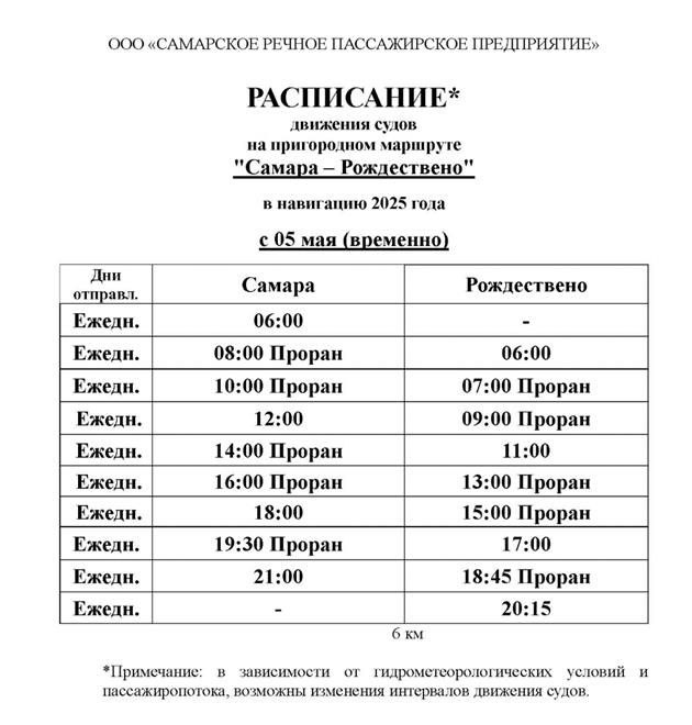 С 5 мая временно изменится расписание переправы Самара — Рождествено С понедельника, 5 мая в Самаре временно поменяется расписание движения судов по маршруту Самара — Рождествено. Об этом сообщает СРПП. Узнать актуальное расписание можно на сайте www.srpp63.ru и по телефонам 8 846 222-91-91, 8 846 222-93-37, 89170114221.