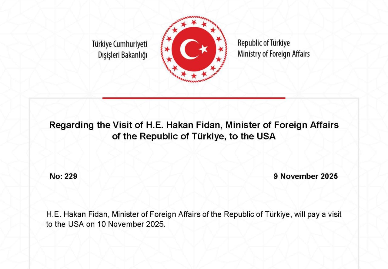 Глава МИД Турции Хакан Фидан прибудет в Вашингтон 10 ноября для переговоров с американскими официальными лицами Детали визита включая конкретных собеседников и повестку дня не раскрываются cbctvaz