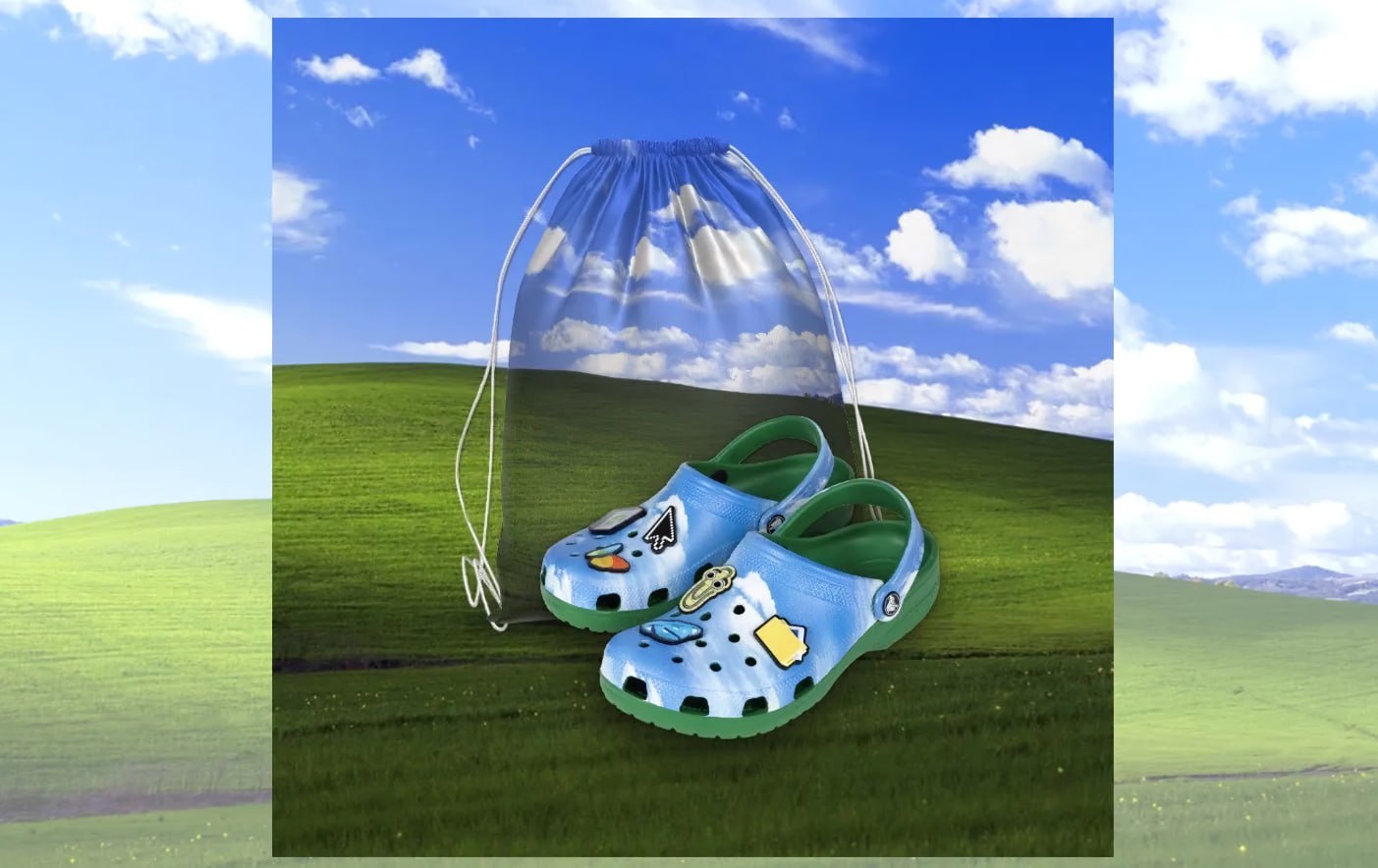 Microsoft заколлабилась c Crocs и пообещала выпустить сабо в стиле Windows XP. Обувь стилизована под культовые обои рабочего стола, а среди фирменных джибитсов есть указатель мышки, иконка Internet Explorer и Скрепыш из Microsoft Office. Пока продажи открыли только для сотрудников самой корпорации, а релиз для всех состоится позже. Цена — $80 6500 руб.