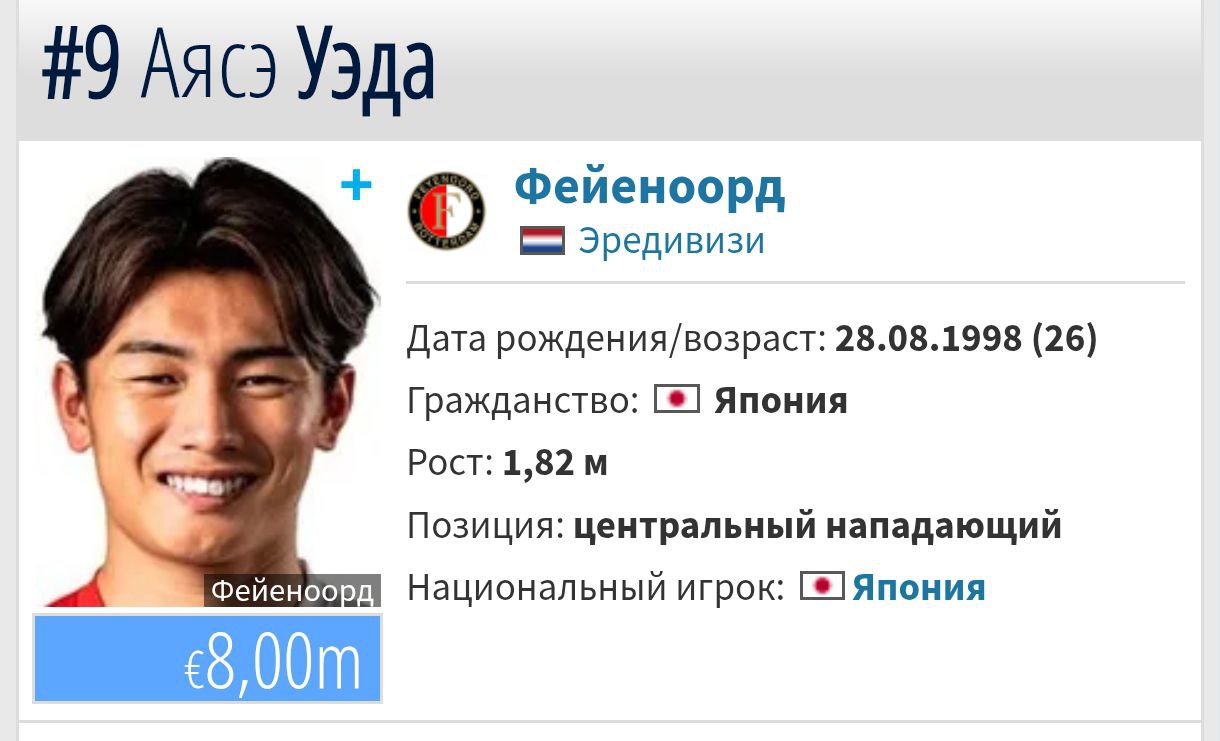 «Фейеноорд» может включить форварда Аясэ Уэда в сделку по возможной покупки Угальде — Feyenoord Transfermarkt