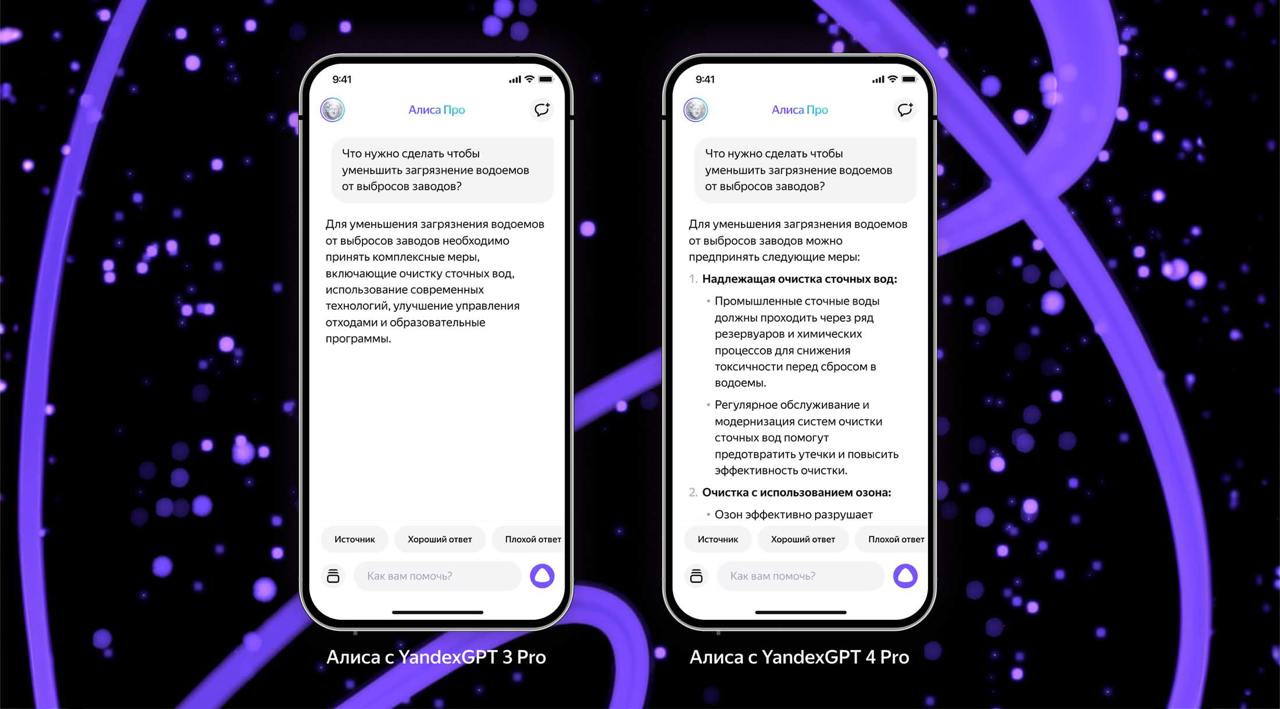 YandexGPT 4 Pro стала доступна на «Алисе»  ⌨  «Яндекс» обновил опцию «Алиса Про», предоставив пользователям доступ к своей последней большой языковой модели  LLM  YandexGPT 4 Pro. LLM  уже доступна в чате с Алисой, в ближайшее время обновление станет доступно на умных устройствах «Яндекса».    «Алиса» на новой языковой модели показывает улучшение при ответах на запросы о мире  например, о музыке, науке или технике , а также в креативных задачах написания текстов, таких как создание рекламных слоганов или генерация структуры и тезисов дипломного проекта. В первом случае «Алиса» на YandexGPT 4 Pro выигрывает в 57% случаев, во втором — в 58% случаев.    Также по словам разработчиков, ответы «Алисы» с YandexGPT 4 Pro содержат на 55% больше полезной информации, и в целом «Алиса» на 33% лучше решает задачу пользователя.