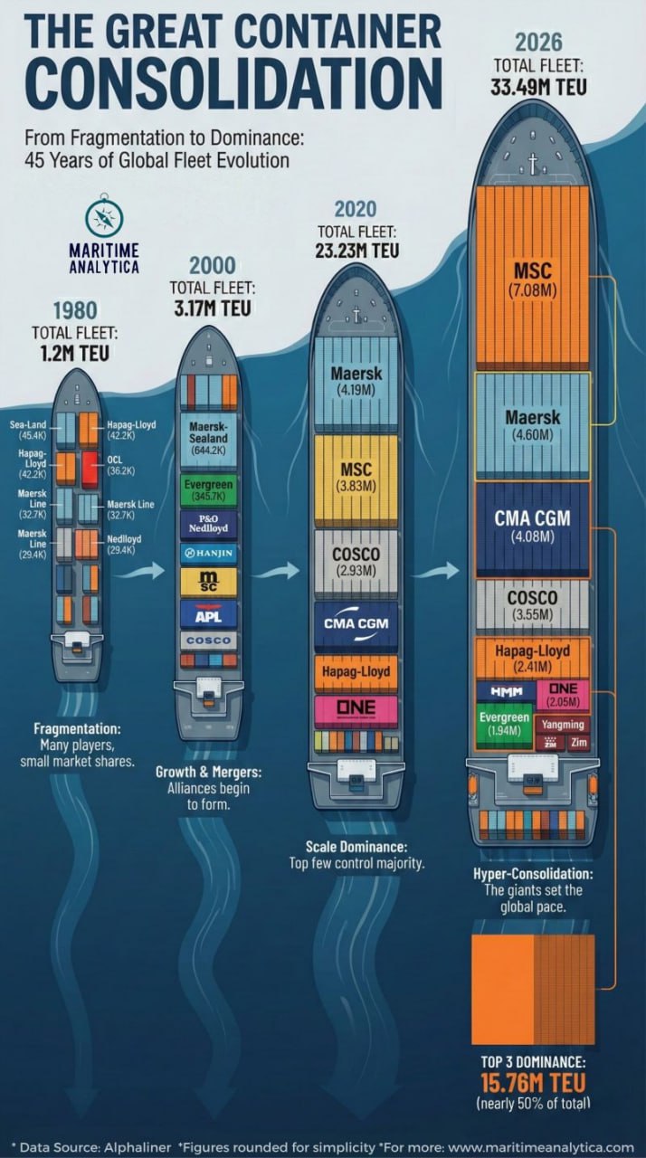 Инфографика иллюстрирует изменение масштаба и структуры мирового флота судов для перевозки контейнеров Вместимость мирового флота контейнеровозов приближается к 34 млн TEU За четверть века с 2000 она выросла более чем десятикратно Еще одной очевидной тенденцией является консолидация рынка и укрупнение игроков Флот каждого из 4 крупнейших перевозчиков сегодня превышает совокупную вместимость всего мирового контейнерного флота в начале века Вместе эти 4 перевозчика контролируют почти 60 глобальной вместимости Стратегическая география