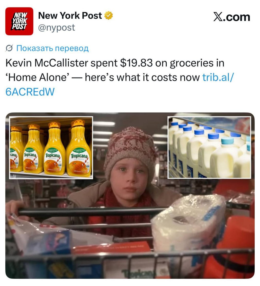 Продуктовая корзина Кевина из Один дома подорожала на 167 за 35 лет посчитали журналисты В фильме мальчик купил молоко хлеб апельсиновый сок Tropicana макароны с сыром готовый обед в контейнере моющее средство Tide салфетки и туалетную бумагу заплатив за это всё 19 в 1990 году Сейчас это бы стоило уже 53 или 4 2 тысячи рублей При этом Кевин жил в пригороде Чикаго и делал покупки в недорогом магазине jkinvest news jkinvest