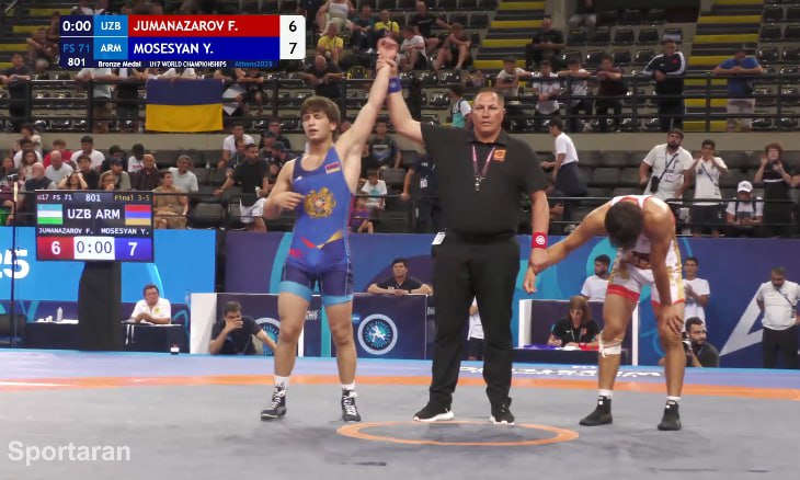 Егише Мосесян  71 кг  — бронзовый призер первенства мира U17 по вольной борьбе.  В схватке за бронзу армянский одержал волевую победу против узбекского борца Фаррухбека Джуманазарова. Проигрывая 2-6, Мосесян выиграл 7-6.  Это будет единственной медалью для армянских вольников на турнире в Афинах.