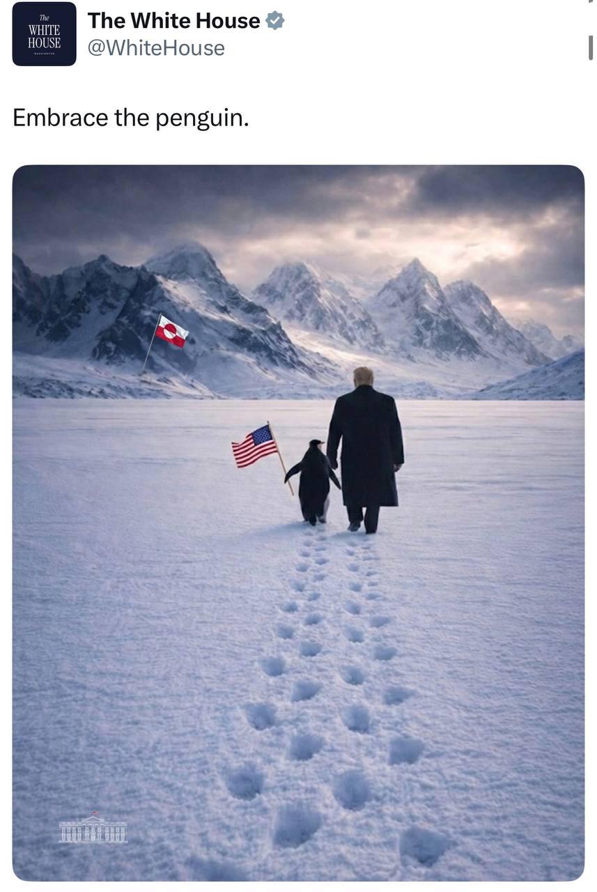 Белый дом опубликовал фотографию Трампа с пингвином в Гренландии Обнимите пингвина говорится в посте размещённом в соцсети Х Известно что изображение создано при помощи нейросети На нём Дональд Трамп идёт по снегу вместе с пингвином который держит флаг США Пользователи соцсетей обратили внимание на ошибку американской администрации так как в Гренландии водятся белые медведи тюлени киты но не пингвины Подписаться на Говорит Москва Telegram VK MAX