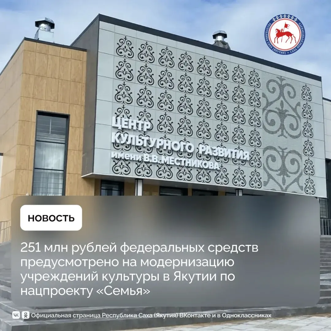 В Республике Саха Якутия в рамках федерального проекта Семейные ценности и инфраструктура культуры национального проекта Семья инициированного Президентом Российской Федерации Владимиром Путиным из федерального бюджета направлено 251 55 млн рублей на развитие культурной инфраструктуры Средства будут направлены на укрепление материально технической базы комплексную модернизацию и развитие инфраструктуры государственных и муниципальных учреждений культуры В числе ключевых мероприятий капитальный ремонт Центра культуры и народного творчества Саргы туьулгэтэ в городе Покровске Анабарского улусного краеведческо этнографического музея Краеведческого музея им Героя Советского Союза Ф М Охлопкова Национального художественного музея Национальной библиотеки Государственного театра оперы и балета Саха академического театра Предусмотрено укрепление материально технической базы 20 муниципальных Домов культуры Техническое оснащение намечается в Национальном художественном музее Музее и Центре хомуса народов мира Алданском историко краеведческом музее На базе Централизованной библиотечной системы города Якутска и библиотеки Нерюктяйинского наслега Мегино Кангаласского улуса создадут детские культурно просветительские центры Модельными станут библиотека села Якокит Алданского района Вилюйская центральная библиотека Центральная улусная библиотека Чурапчинского улуса В рамках общереспубликанского движения добрых дел Моя Якутия в XXI веке введут многофункциональные культурные центры в селах Суордах Верхоянского улуса и Батамай Кобяйского улуса Дом культуры в селе Беченча и культурно спортивный комплекс в селе Нюя Ленского района Главные новости на канале Главы Якутии в MAX и Sakhagove MAX ВК ОК ПравительствоЯкутии