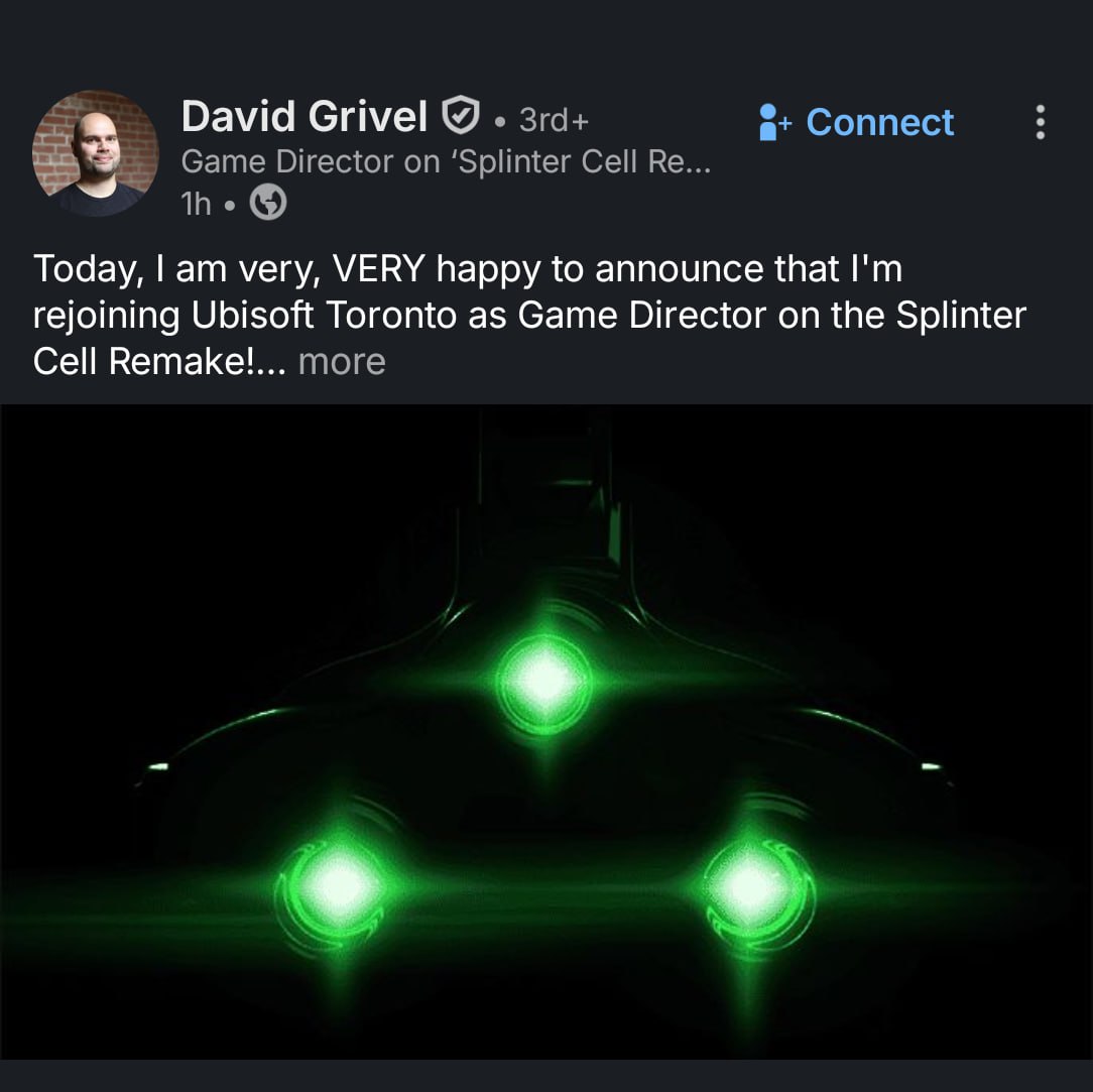 Ubisoft каким то образом убедила Дэвида Гривеля вернуться к должности геймдиректора ремейка Splinter Cell Сегодня я очень ОЧЕНЬ рад объявить что вновь присоединяюсь к Ubisoft Toronto в качестве геймдиректор ремейка Splinter Cell Эта команда и проект очень много для меня значат Напомним что в 2022 году он покинул проект после чего управление цирком переходило из рук в руки