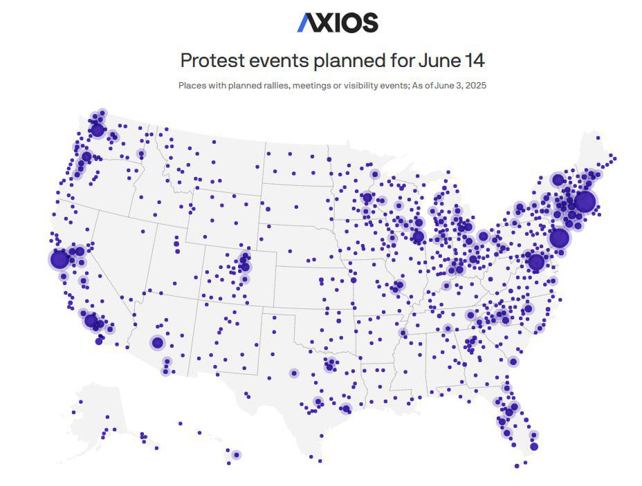 В США ожидаются масштабные митинги против Трампа в его день рождения — Axios Протесты пройдут 14 июня в 1800 городах 50 штатов. Помимо того, в этот день Трамп в Вашингтоне проводит масштабный военный парад, приуроченный к его дню рождения и 250-летию армии США. Между тем в центре Лос-Анджелеса введен комендантский час с 20:00 до 6:00 утра из-за протестов мигрантов. За последние четыре дня было арестовано по меньшей мере 378 человек. Подписаться Перекличка