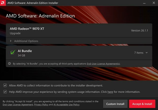 Самый тяжелый драйвер в мире свежий Adrenalin предлагает поставить AI Bundle на 34 ГБ Он включает в себя набор решений для быстрого запуска локальных нейросетей в него входят фреймворк PyTorch среда для запуска больших языковых моделей Ollama а также графические среды ComfyUI LM Studio и Amuse Появился такой AI Bundle в драйвере Adrenalin Edition 26 1 1 и к счастью пока что является опциональным Для его работы нужна карта Radeon RX 7000 или RX 9000 также подойдет чип линейки Ryzen AI 300 или AI 400