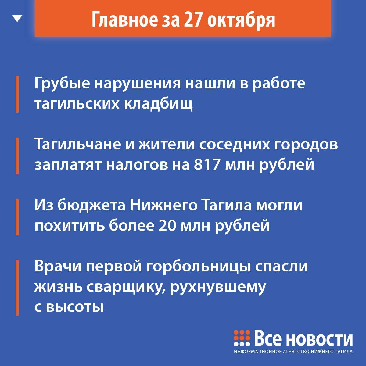 О главном за день коротко Работа кладбищ в Нижнем Тагиле заинтересовала Счетную палату Аудиторы нашли нарушения на сотни тысяч рублей в том числе нецелевое расходование денег Пора платить налоги тагильчанам выставили счета на сотни миллионов рублей Стройка мусорного завода в Тагиле обернулась уголовным делом о хищениях из бюджета Тагильские врачи пришли на помощь сварщику упавшему с высоты Он мог умереть от потери крови итогидня тагил