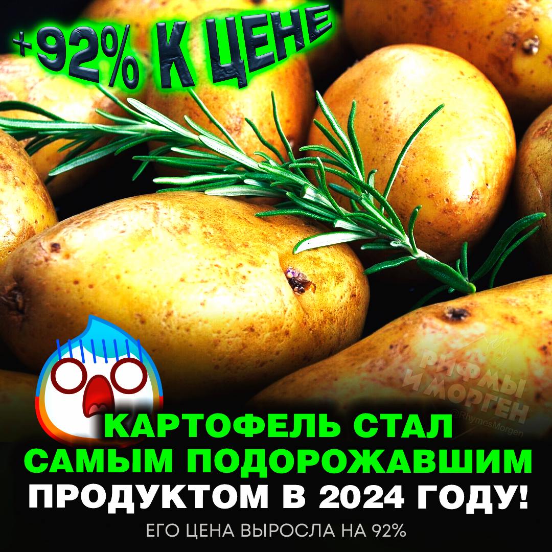 КАРТОФЕЛЬ ПОДОРОЖАЛ НА 92% В 2024 ГОДУ!  Это следует из данных Росстата. Также резко подорожало сливочное масло и красная икра, а вот бытовые товары стали дешевле.      — это удар в самое сердце!   — я особо не ем картошку...    Рифмы и Морген