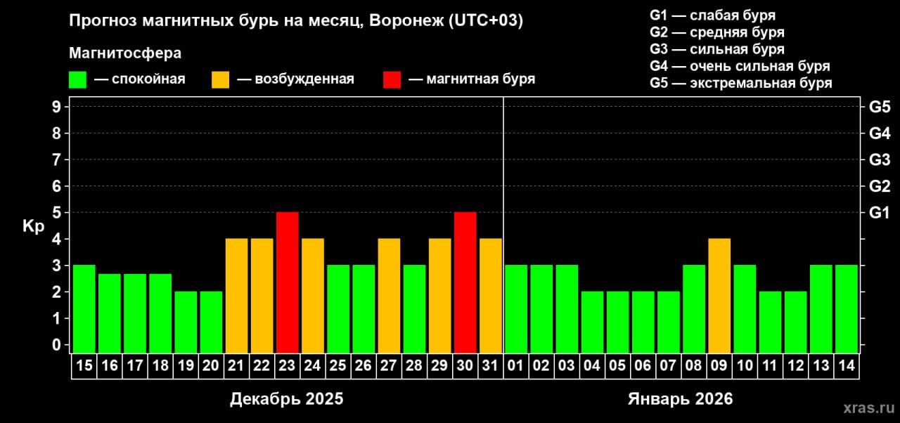 До Нового года воронежцев ждут еще две магнитные бури Геомагнитная обстановка будет нестабильной 23 и 30 декабря Магнитные бури достигнут уровня G1 слабая Перед первой бурей магнитосфера станет возбужденной еще в воскресенье 21 декабря а снизится геомагнитная активность лишь в четверг 25 декабря Кроме того магнитосфера будет возбужденной 27 29 и 31 декабря Подписывайтесь на канал РИА Воронеж в Max