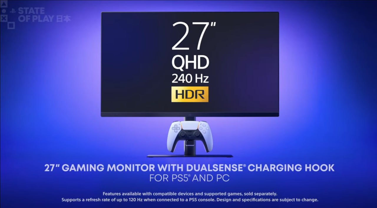 На азиатском показе State of Play показали игровой QHD монитор с IPS матрицей и зарядкой для DualSense UPD Выходит в 2026 году в США и Японии Называется как будто просто PlayStation Gaming Monitor meownauts