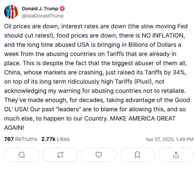 Трамп вновь прокомментировал обрушение фондовых рынков, вызванное его тарифами. По его словам, «цены на нефть упали, процентные ставки снизились, цены на продукты питания упали, инфляции в США нет, а давно униженные США получают миллиарды долларов в неделю от стран, унижавших Штаты, по уже действующим тарифам». Также он заявил, что фондовые рынки КНР «рушатся» и что Китай проигнорировал его предупреждение о том, чтобы не вводить ответные меры. Напомним, самые богатые люди планеты, такие как Безос и Маск, потеряли за сутки в общей сложности 208 млрд долларов из-за пошлин.
