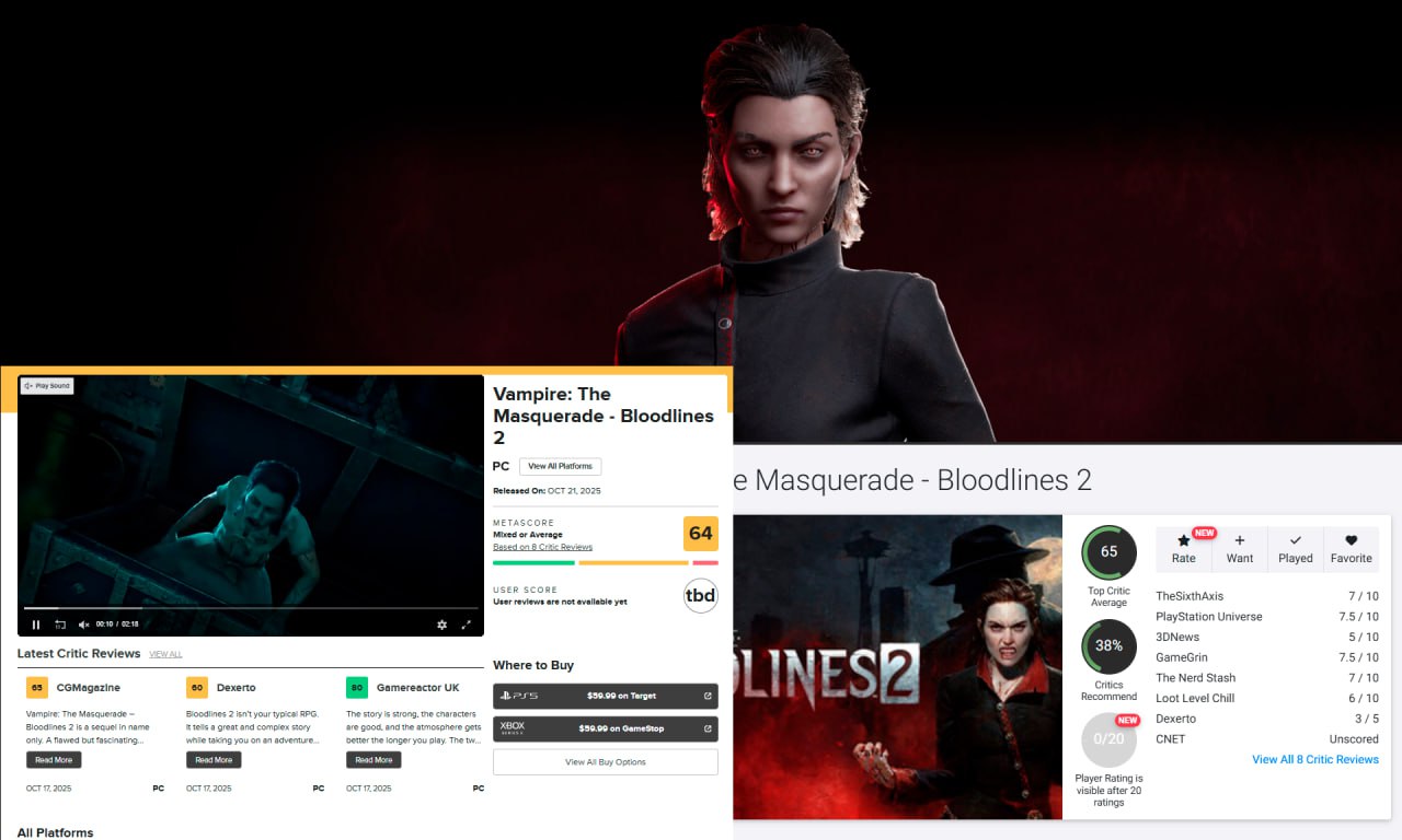 Чуда не случилось Vampire The Masquerade Bloodlines 2 получает 64 балла на Metacritic и 65 на OpenCritic После почти десятилетней разработки с момента приобретения прав компанией Paradox долгожданный сиквел Bloodlines наконец добрался до релиза и оказался типичным проклятым проектом На Metacritic игра получила 64 100 а на OpenCritic 65 100 при этом лишь 38 критиков порекомендовали игру Скорее всего оценка еще упадет Обозреватели сходятся в одном сюжет и атмосфера сильны персонажи цепляют а диалоги возвращают дух Маскарада Но всё рушат технические проблемы однообразная боевая система и заметно упрощённые ролевые механики Eurogamer назвал проект пустым хоть и функциональным а Wccftech добавил что это игра с душой которой не дали раскрыться Тем не менее многие признают в Bloodlines 2 есть свой шарм Она не дотягивает до статуса культовой но по своему продолжает традиции оригинала мрачный нуар странные герои моральная серость и готическая красота которой так не хватает в современных RPG Игра выходит 21 октября на ПК PS5 и Xbox Series Но таким ведь и был оригинал Может дадим шанс Или нет Чтобы получить больше представления велком к нам на сайт Читайте обзор Vampire The Masquerade Bloodlines 2 Гейминг championatgaming Подписывайся на Чемп Play