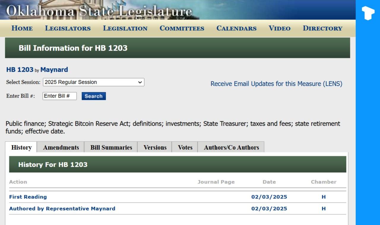 Законодатели штата Оклахомы предложили законопроект, позволяющий государственным сберегательным и пенсионным фондам инвестировать в Биткоин  BTC . Рассмотрение законопроекта запланировано на 3 февраля, и в случае одобрения он вступит в силу 1 ноября 2025 года.    Телеграм  Х    Сообщество  Источник