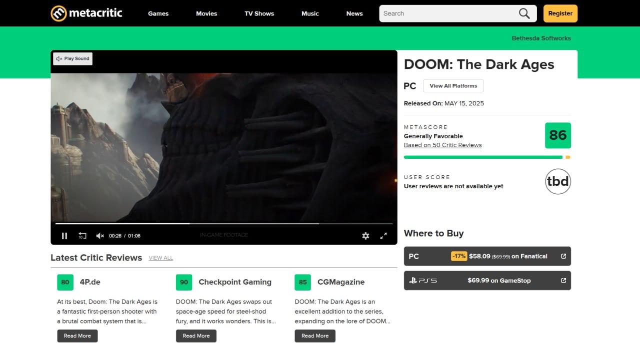 DOOM: The Dark Ages получил первые оценки, и, судя по рецензиям, это одна из самых смелых и свежих интерпретаций классической серии. На Metacritic средний балл колеблется в пределах 84–87 в зависимости от платформы, а на OpenCritic — 86 из 100 с впечатляющими 95% рекомендующих игру критиков. Обозреватели отмечают, что DOOM сохранил фирменную жестокость, но при этом переизобрёл сам себя: в центре внимания теперь мрачный средневековый сеттинг, щит-пила, упор на ближний бой и более открытые, исследовательские уровни. IGN пишет: «Это шаг в сторону, но не назад — боевая система переосмыслена, и это работает». А редактор Windows Central добавляет: «DOOM в доспехах оказался не шуткой, а полноценным рывком вперёд». Музыка, хоть и менее агрессивная, точно попадает в атмосферу, а визуально игра выглядит впечатляюще даже по меркам 2025 года. Полная поддержка русского языка на старте, релиз уже 15 мая, а обладатели расширенного издания начнут играть 13-го, предзаказ уже доступен в . • Сделать покупку на украинский аккаунт можно напрямую через нашу поддержку . _________________ Удобный путеводитель по скидкам