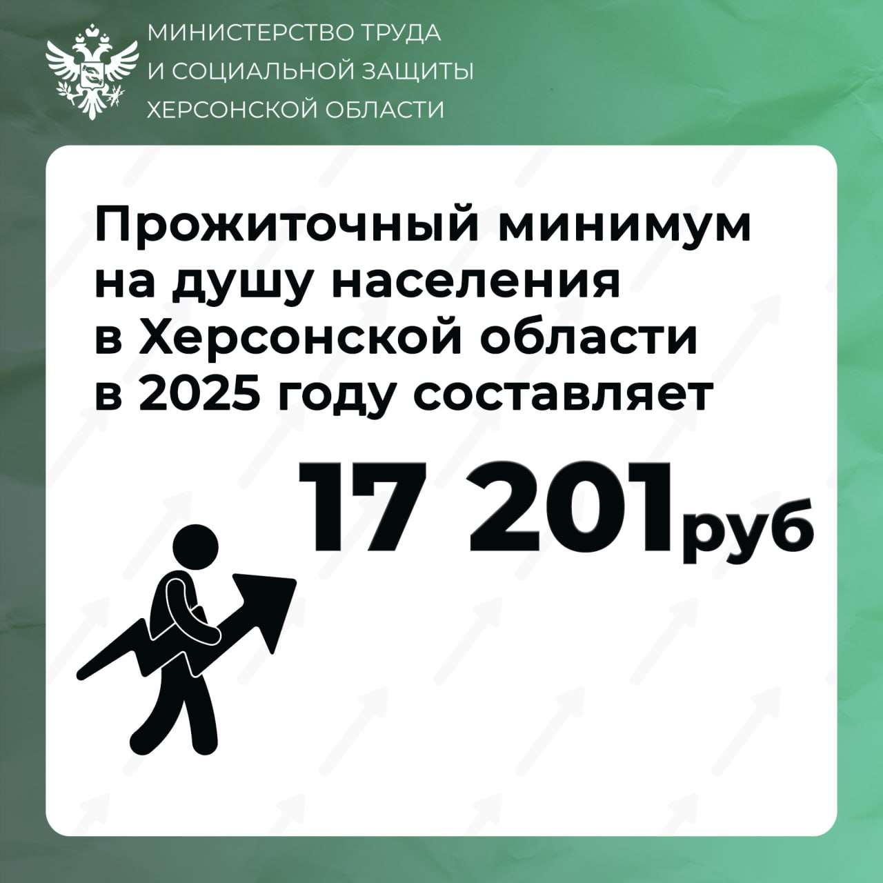 Прожиточный минимум в Херсонской области в новом 2025 году составил 17201 рубль  Постановлением Правительства Херсонской области №138-пп от 5 сентября 2024 года утверждён размер прожиточного минимума на душу населения и по основным социально-демографическим группам населения в Херсонской области.   На 2025 год в области установлены следующие величины прожиточного минимума: • на душу населения — 17 201 руб; • для трудоспособного населения — 18 749 руб; • для пенсионеров — 14 793 руб; • для детей — 16 685 руб.  Постановление вступило в силу 1 января 2025 года.    Актуальные новости Херсонской области.