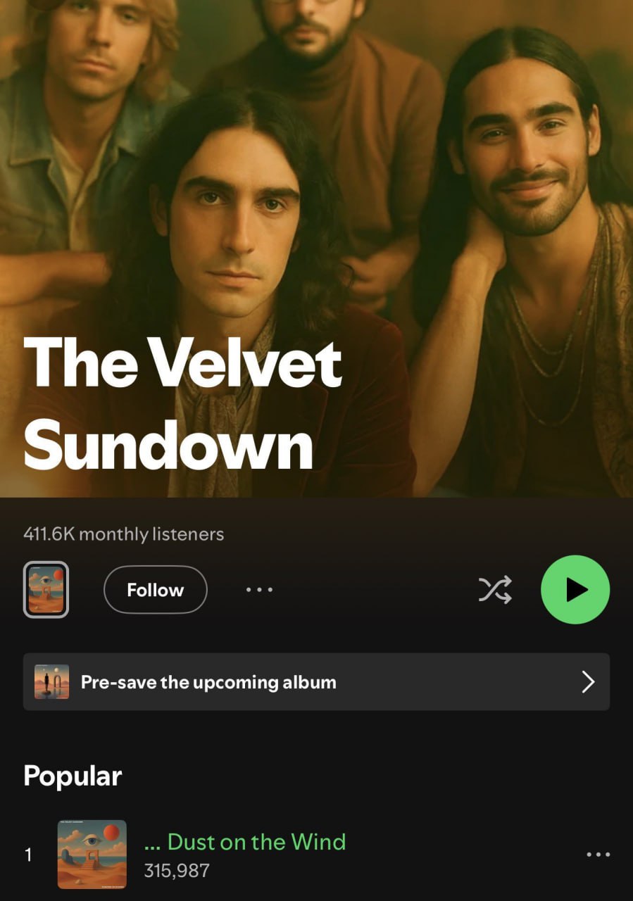 На Spotify внезапно взлетела инди-группа, которой скорее всего не существует в реальности.   The Velvet Sundown появились буквально из ниоткуда — без живых участников, интервью или концертов — но всего за месяц набрали более 400 тысяч слушателей на Spotify  +100 тысяч только за последние пару дней .  У группы уже есть два альбома, расплывчатая биография вроде "они звучат как воспоминание о чём-то, чего вы никогда не переживали" и вымышленные участники с именами в стиле нейросетевого фэнтези.  В TikTok обсуждают теорию, что группа могла попасть в рекомендации стриминга не случайно — мол, сам Spotify продвигает этот контент, чтобы сэкономить на выплатах настоящим артистам.   Плейлисты, похоже, скоро тоже будем собирать из сгенерированных воспоминаний